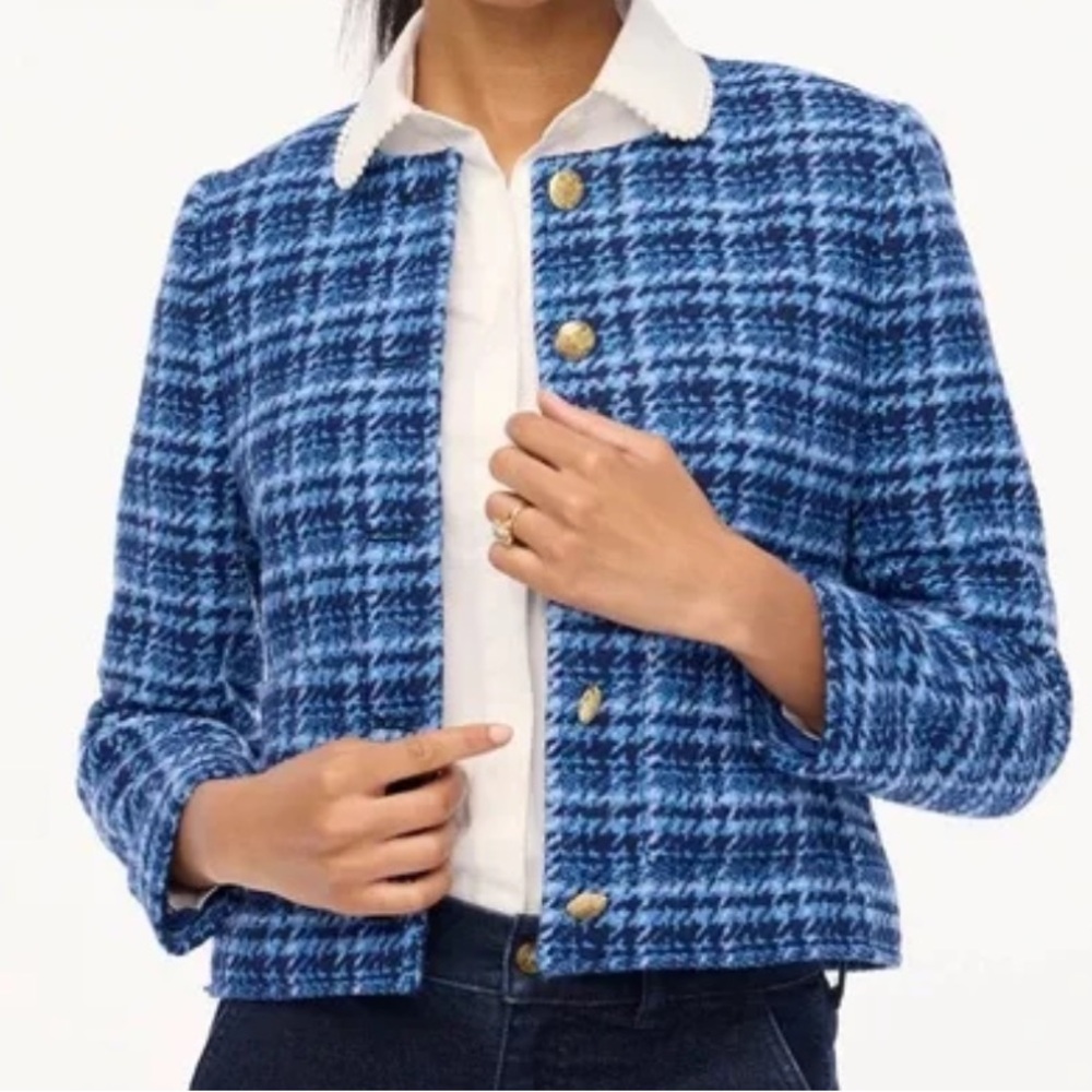 NWT J. Crew Blue Plaid Tweed Gold Button Jacket